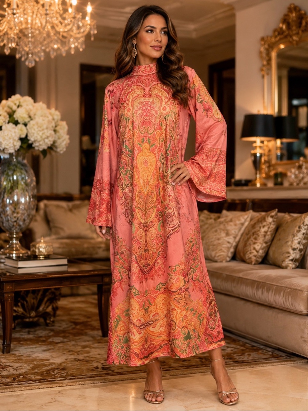Paisley-Print Coral Midi Dress with Long Sleeves